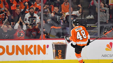 Oct 13, 2022; Philadelphia, Pennsylvania, USA; Philadelphia Flyers center Morgan Frost (48) celebrates his goal against the New Jersey Devils during the second period at Wells Fargo Center. Mandatory Credit: Eric Hartline-USA TODAY Sports