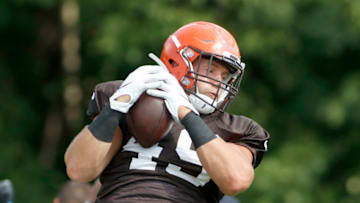 WESTFIELD, INDIANA - AUGUST 15: J.T. Hassell #49 of the Cleveland Browns catches a pass during the joint practice between the Cleveland Browns and the Indianapolis Colts at Grand Park on August 15, 2019 in Westfield, Indiana. (Photo by Justin Casterline/Getty Images)