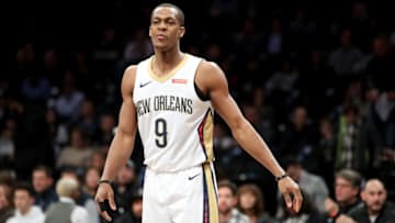 NEW YORK, NY - FEBRUARY 10: Rajon Rondo #9 of the New Orleans Pelicans reacts against the Brooklyn Nets in the first quarter during their game at Barclays Center on February 10, 2018 in the Brooklyn borough of New York City. NOTE TO USER: User expressly acknowledges and agrees that, by downloading and or using this photograph, User is consenting to the terms and conditions of the Getty Images License Agreement. (Photo by Abbie Parr/Getty Images)