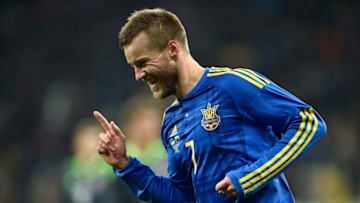 KIEV, UKRAINE - MARCH 28: Andriy Yarmolenko of Ukraine celebrates as he scores the opening goal during the International Friendly match between Ukraine and Wales at NSK Olimpijskyj on March 28, 2016 in Kiev, Ukraine. (Photo by Dennis Grombkowski/Getty Images)