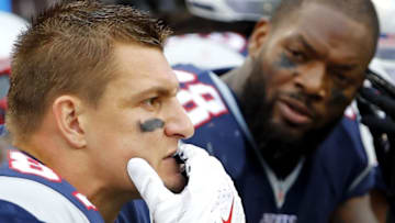 Oct 2, 2016; Foxborough, MA, USA; New England Patriots tight end Rob Gronkowski (87) sits on the bench during the second half of the Buffalo Bills 16-0 win over the New England Patriots at Gillette Stadium. Mandatory Credit: Winslow Townson-USA TODAY Sports