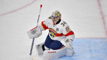Jun 5, 2023; Las Vegas, Nevada, USA; Florida Panthers goaltender Alex Lyon (34) defends the goal in the second period against the Vegas Golden Knights in game two of the 2023 Stanley Cup Final at T-Mobile Arena. Mandatory Credit: Gary A. Vasquez-USA TODAY Sports
