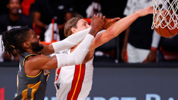 Nerlens Noel #9 of the Oklahoma City Thunder and Kelly Olynyk #9 of the Miami Heat (Photo by Kevin C. Cox/Getty Images)