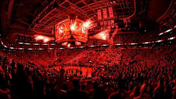 May 27, 2016; Toronto, Ontario, CAN; Fireworks burst from the scoreboard during player introductions before Toronto Raptors host Cleveland Cavaliers in game six of the Eastern conference finals of the NBA Playoffs at Air Canada Centre.The Cavaliers won 113-87. Mandatory Credit: Dan Hamilton-USA TODAY Sports