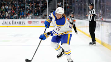 SEATTLE, WASHINGTON - NOVEMBER 04: Cody Eakin #20 of the Buffalo Sabres skates against the Seattle Kraken on November 04, 2021 at Climate Pledge Arena in Seattle, Washington. (Photo by Steph Chambers/Getty Images)