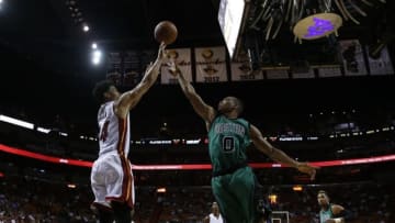 Nov 30, 2015; Miami, FL, USA; Miami Heat guard Gerald Green (14) shoots the ball over Boston Celtics guard Avery Bradley (0) in the first half at American Airlines Arena. Mandatory Credit: Robert Mayer-USA TODAY Sports