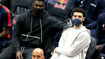 Zion Williamson #1 of the New Orleans Pelicans and Lonzo Ball . (Photo by Sean Gardner/Getty Images)