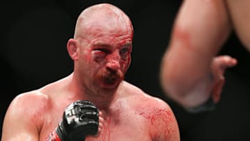 UNIONDALE, NY - JULY 22: Patrick Cummins bleeds from a cut during his UFC Fight Night light heavyweight bout against Gian Villante (not shown) at the Nassau Veterans Memorial Coliseum on July 22, 2017 in Uniondale, New York. (Photo by Ed Mulholland/Getty Images)