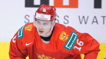 VANCOUVER , BC - JANUARY 4: Pavel Shen #16 of Russia skates against the United States during a semi-final game at the IIHF World Junior Championships at Rogers Arena on January 4, 2019 in Vancouver, British Columbia, Canada. (Photo by Kevin Light/Getty Images)