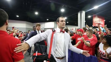 Sep 3, 2016; Atlanta, GA, USA; Georgia Bulldogs tight end Jeb Blazevich (83) high fives fans prior to the 2016 Chick-Fil-A Kickoff game against the North Carolina Tar Heels at Georgia Dome. Mandatory Credit: Jason Getz-USA TODAY Sports