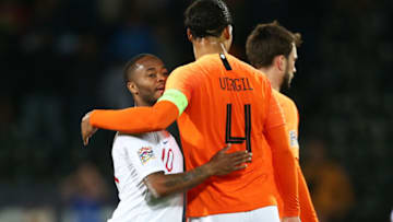 GUIMARAES, PORTUGAL - JUNE 06: Raheem Sterling of England and Virgil van Dijk of the Netherlands embrace after the UEFA Nations League Semi-Final match between the Netherlands and England at Estadio D. Afonso Henriques on June 06, 2019 in Guimaraes, Portugal. (Photo by Jan Kruger/Getty Images)