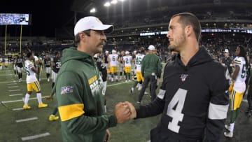 Aaron Rodgers, Derek Carr, Las Vegas Raiders. Mandatory Credit: Kirby Lee-USA TODAY Sports