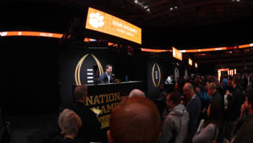 SAN JOSE, CA - JANUARY 05: Clemson Tigers head coach Dabo Swinney answers questions during the Clemson Tigers Media Day for the College Football Playoff National Championship on January 5, 2019, at the SAP Center in San Jose, CA. (Photo by Chris Williams/Icon Sportswire via Getty Images)