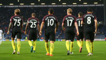 WEST BROMWICH, ENGLAND - OCTOBER 29: Aleix Garcia, Fernandinho, Sergio Aguero, Kevin De Bruyne, Aleksandar Kolarov and Ilkay Gundogan of Manchester City walk away during the Premier League match between West Bromwich Albion and Manchester City at The Hawthorns on October 29, 2016 in West Bromwich, England. (Photo by Catherine Ivill - AMA/West Bromwich Albion FC via Getty Images )
