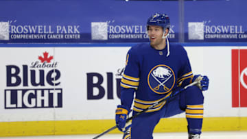 Jan 14, 2021; Buffalo, New York, USA; Buffalo Sabres left wing Taylor Hall (4) during warmups before a game against the Washington Capitals at KeyBank Center. Mandatory Credit: Timothy T. Ludwig-USA TODAY Sports