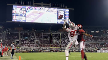 Sep 17, 2016; Norman, OK, USA; Ohio State Buckeyes wide receiver Noah Brown (80) cannot make a catch as Oklahoma Sooners cornerback Jordan Thomas (7) defends during the second half at Gaylord Family - Oklahoma Memorial Stadium. Mandatory Credit: Kevin Jairaj-USA TODAY Sports