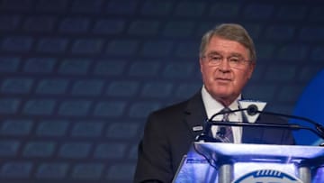 Jul 21, 2016; Charlotte, NC, USA; ACC commissioner John Swofford speaks with the media during the ACC Football Kickoff at Westin Charlotte. Mandatory Credit: Jeremy Brevard-USA TODAY Sports