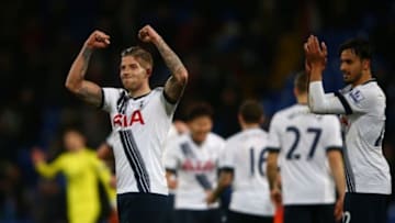 LONDON, ENGLAND - JANUARY 23: Toby Alderweireld of Tottenham Hotspur celebrates his team's 3-1 win in the Barclays Premier League match between Crystal Palace and Tottenham Hotspur at Selhurst Park on January 23, 2016 in London, England. (Photo by Ian Walton/Getty Images)