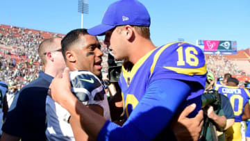 LOS ANGELES, CA - OCTOBER 08: Russell Wilson #3 of the Seattle Seahawks meets Jared Goff #16 of the Los Angeles Rams after a 16-10 Seahawks win at Los Angeles Memorial Coliseum on October 8, 2017 in Los Angeles, California. (Photo by Harry How/Getty Images)
