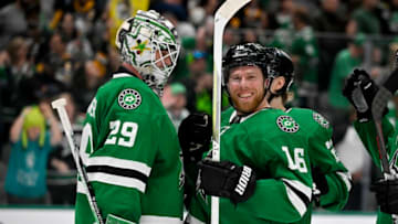 Mar 23, 2023; Dallas, Texas, USA; Dallas Stars goaltender Jake Oettinger (29) and center Joe Pavelski (16) celebrate the victory over the Pittsburgh Penguins at the American Airlines Center. Mandatory Credit: Jerome Miron-USA TODAY Sports