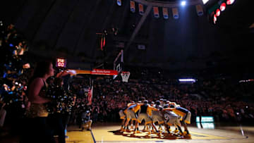 MORGANTOWN, WV - JANUARY 15: The West Virginia Mountaineers huddle before the game against the Kansas Jayhawks at the WVU Coliseum on January 15, 2018 in Morgantown, West Virginia. (Photo by Justin K. Aller/Getty Images)
