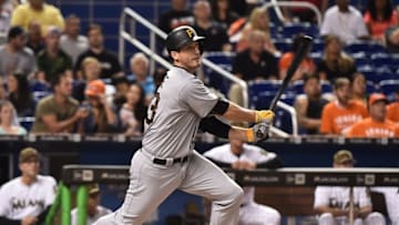 May 30, 2016; Miami, FL, USA; Pittsburgh Pirates first baseman David Freese (23) connects for a double during the first inning against the Miami Marlins at Marlins Park. Mandatory Credit: Steve Mitchell-USA TODAY Sports