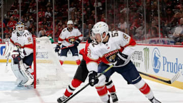 NEWARK, NJ - OCTOBER 14: MacKenzie Weegar #52 of the Florida Panthers skates with the puck during the third period against the New Jersey Devils on October 14, 2019 at the Prudential Center in Newark, New Jersey. The Panthers defeated the Devils 6-4. (Photo by Andy Marlin/NHLI via Getty Images)