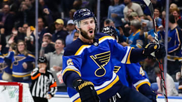 ST. LOUIS, MO - OCTOBER 11: St. Louis Blues' Joel Edmundson celebrates after scoring a goal during the first period of an NHL hockey game between the St. Louis Blues and the Calgary Flames on October 11, 2018, at the Enterprise Center in St. Louis, MO. (Photo by Tim Spyers/Icon Sportswire via Getty Images)
