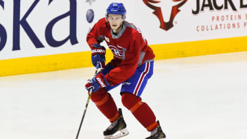BROSSARD, QC - JULY 04: Montreal Canadiens Rookie defenseman Scott Walford (56) skating with the puck during the Montreal Canadiens Development Camp on July 4, 2017, at Bell Sports Complex in Brossard, QC (Photo by David Kirouac/Icon Sportswire via Getty Images)
