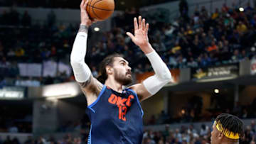 INDIANAPOLIS, IN - DECEMBER 13: Steven Adams #12 of the Oklahoma City Thunder shoots the ball against the Indiana Pacers at Bankers Life Fieldhouse on December 13, 2017 in Indianapolis, Indiana. NOTE TO USER: User expressly acknowledges and agrees that, by downloading and or using this photograph, User is consenting to the terms and conditions of the Getty Images License Agreement. (Photo by Andy Lyons/Getty Images)