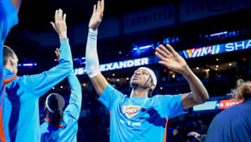 Shai Gilgeous-Alexander #2 of the OKC Thunder high fives. (Photo by Ian Maule/Getty Images)