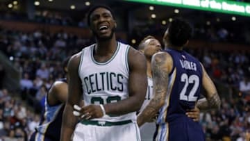 Mar 9, 2016; Boston, MA, USA; Boston Celtics forward Jae Crowder (99) reacts after a play as they take on the Memphis Grizzlies in the first half at TD Garden. Mandatory Credit: David Butler II-USA TODAY Sports