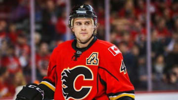 Dec 31, 2015; Calgary, Alberta, CAN; Calgary Flames defenseman Kris Russell (4) against the Los Angeles Kings during the first period at Scotiabank Saddledome. Los Angeles Kings won 4-1. Mandatory Credit: Sergei Belski-USA TODAY Sports