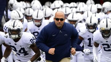 PISCATAWAY, NJ - NOVEMBER 17: Head coach James Franklin of the Penn State Nittany Lions runs onto the field with his team before taking on the Rutgers Scarlet Knights at HighPoint.com Stadium on November 17, 2018 in Piscataway, New Jersey. (Photo by Corey Perrine/Getty Images)