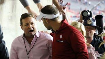 Sep 9, 2017; Columbus, OH, USA; Oklahoma Sooners former head coach Bob Stoops congratulates current Sooner head coach Lincoln Riley following the game against the Ohio State Buckeyes at Ohio Stadium. The Oklahoma Sooners won the game 31-16. Mandatory Credit: Joe Maiorana-USA TODAY Sports