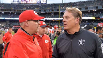 Dec 6, 2015; Oakland, CA, USA; Kansas City Chiefs head coach Andy Reid (left) shakes hands with Oakland Raiders head coach Jack Del Rio after an NFL football game at O.co Coliseum. The Chiefs defeated the Raiders 34-20. Mandatory Credit: Kirby Lee-USA TODAY Sports