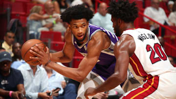 MIAMI, FL - OCTOBER 29: Marvin Bagley III #35 of the Sacramento Kings looks to make a move against the Miami Heat on October 29, 2018 at American Airlines Arena in Miami, Florida. NOTE TO USER: User expressly acknowledges and agrees that, by downloading and or using this Photograph, user is consenting to the terms and conditions of the Getty Images License Agreement. Mandatory Copyright Notice: Copyright 2018 NBAE (Photo by Issac Baldizon/NBAE via Getty Images)