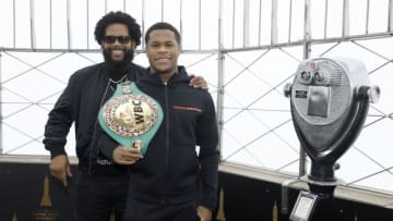 NEW YORK, NEW YORK - MAY 02: Title belt is seen as professional boxer and WBC lightweight title holder, Devin Haney (R) and William Haney visit The Empire State Building on May 02, 2022 in New York City. (Photo by John Lamparski/Getty Images for Empire State Realty Trust)