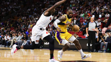 LeBron James #6 of the Los Angeles Lakers drives against Bam Adebayo #13 of the Miami Heat (Photo by Megan Briggs/Getty Images)