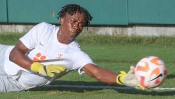 Clemson goalkeeper Joseph Andema warms up before the match with USC Upstate at Historic Riggs Field in Clemson Monday, August 29, 2022.2022 Clemson 2 Vs Usc Upstate 0 Final In Men S Soccer Historic Riggs Field