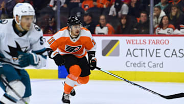 Oct 23, 2022; Philadelphia, Pennsylvania, USA; Philadelphia Flyers right wing Travis Konecny (11) chases the puck against the San Jose Sharks in the first period at Wells Fargo Center. Mandatory Credit: Kyle Ross-USA TODAY Sports