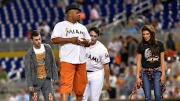 Apr 10, 2015; Miami, FL, USA; T-Dog a fictional character from the television series the walking dead throws out the first pitch prior to the game between the Tampa Bay Rays and the Miami Marlins at Marlins Park. Mandatory Credit: Steve Mitchell-USA TODAY Sports