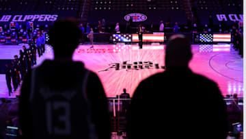 LOS ANGELES, CA - APRIL 18: Limited capacity fans attend the Los Angeles Clippers and Minnesota Timberwolves basketball game at Staples Center on April 18, 2021 in Los Angeles, California. It has been over a year since fans have gathered at the Staples Center due to the coronavirus pandemic. NOTE TO USER: User expressly acknowledges and agrees that, by downloading and or using this photograph, User is consenting to the terms and conditions of the Getty Images License Agreement. (Photo by Kevork Djansezian/Getty Images)
