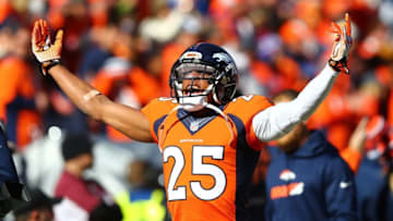Jan 24, 2016; Denver, CO, USA; Denver Broncos cornerback Chris Harris Jr. (25) reacts against the New England Patriots in the AFC Championship football game at Sports Authority Field at Mile High. The Broncos defeated the Patriots 20-18 to advance to the Super Bowl. Mandatory Credit: Mark J. Rebilas-USA TODAY Sports