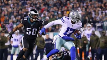 PHILADELPHIA, PA - NOVEMBER 11: Wide receiver Allen Hurns #17 of the Dallas Cowboys carries the ball for a first down against middle linebacker Jordan Hicks #58 of the Philadelphia Eagles during the fourth quarter at Lincoln Financial Field on November 11, 2018 in Philadelphia, Pennsylvania. (Photo by Brett Carlsen/Getty Images)