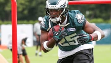 Jul 26, 2014; Philadelphia, PA, USA; Philadelphia Eagles running back LeSean McCoy (25) runs drills during training camp at the Novacare Complex. Mandatory Credit: Bill Streicher-USA TODAY Sports