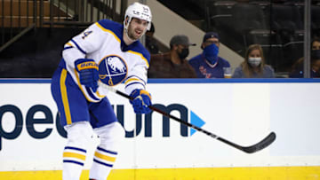 NEW YORK, NEW YORK - APRIL 27: Mattias Samuelsson #54 of the Buffalo Sabres skates against the New York Rangers at Madison Square Garden on April 27, 2021 in New York City. The Rangers defeated the Sabres 3-1. (Photo by Bruce Bennett/Getty Images)