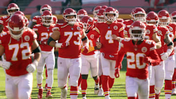 KANSAS CITY, MISSOURI - DECEMBER 27: Offensive guard Nick Allegretti #73 of the Kansas City Chiefs leads players onto the field prior to the game against the Atlanta Falcons at Arrowhead Stadium on December 27, 2020 in Kansas City, Missouri. (Photo by Jamie Squire/Getty Images)