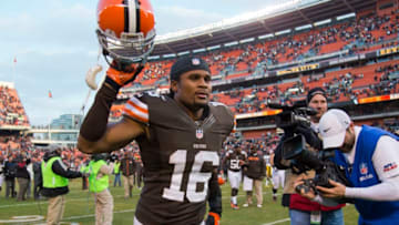 CLEVELAND, OH - NOVEMBER 25: Wide receiver Josh Cribbs #16 of the Cleveland Browns celebrates after the Browns defeated the Steelers at Cleveland Browns Stadium on November 25, 2012 in Cleveland, Ohio. The Browns defeated the Steelers 20-14. (Photo by Jason Miller/Getty Images)