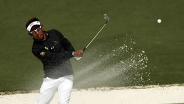 Apr 9, 2016; Augusta, GA, USA; Thongchai Jaidee hits out of a bunker on the 2nd hole during the third round of the 2016 The Masters golf tournament at Augusta National Golf Club. Mandatory Credit: Rob Schumacher-USA TODAY Sports